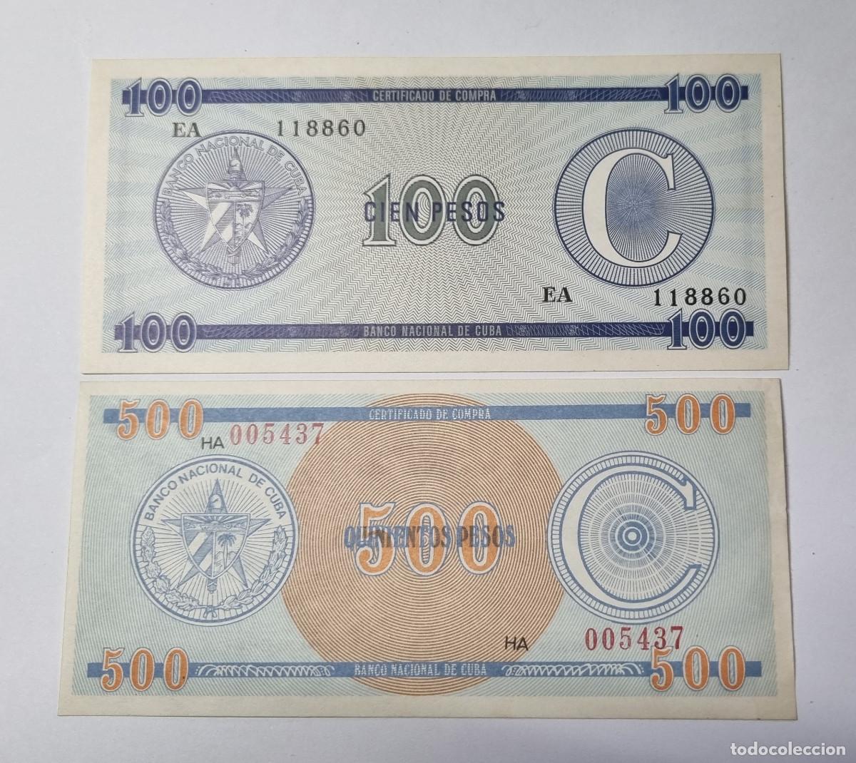 Billetes extranjeros: 2 BILLETES CUBA 100 Y 500 PESOS CERTIFICADO DE DIVISA, SERIE C.