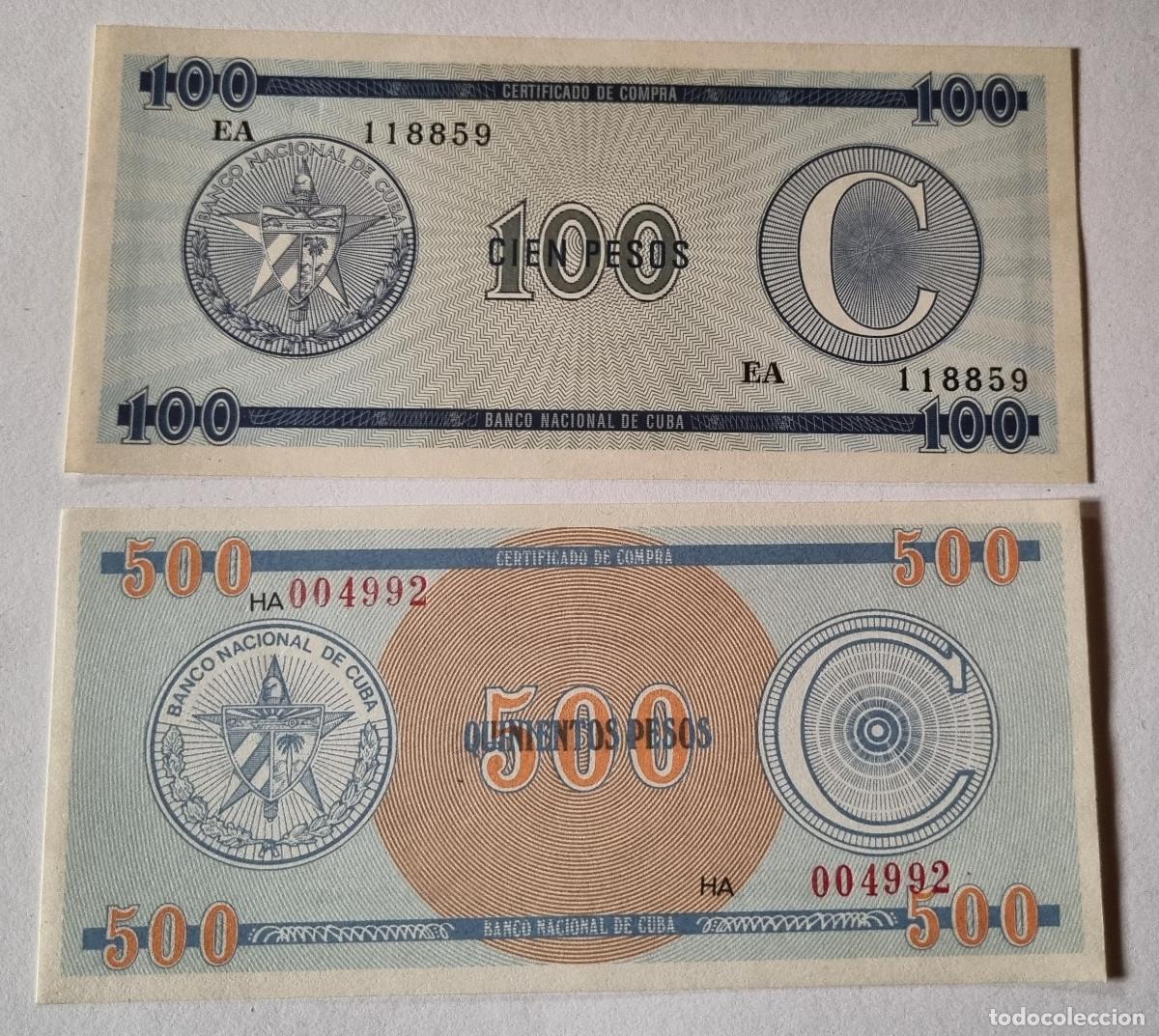 Billetes extranjeros: 2 BILLETES CUBA 100 Y 500 PESOS CERTIFICADO DE DIVISA, SERIE C.