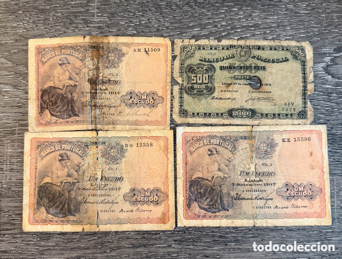 Billetes extranjeros: Portugal lote 4 billetes 1917 1904 escudos reis