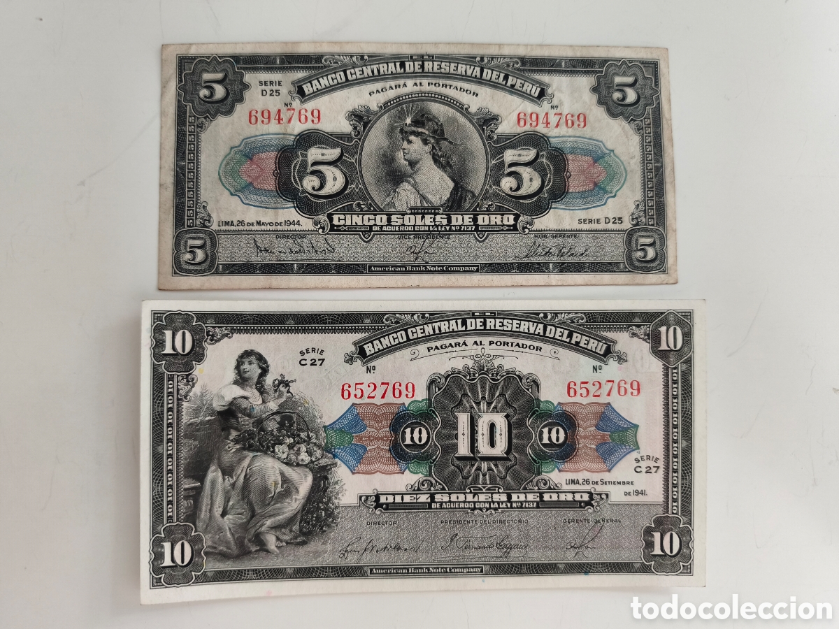 Internationale Banknoten: Lote 2 billetes Per&uacute; a&ntilde;os 40 (serie ferrocarril)