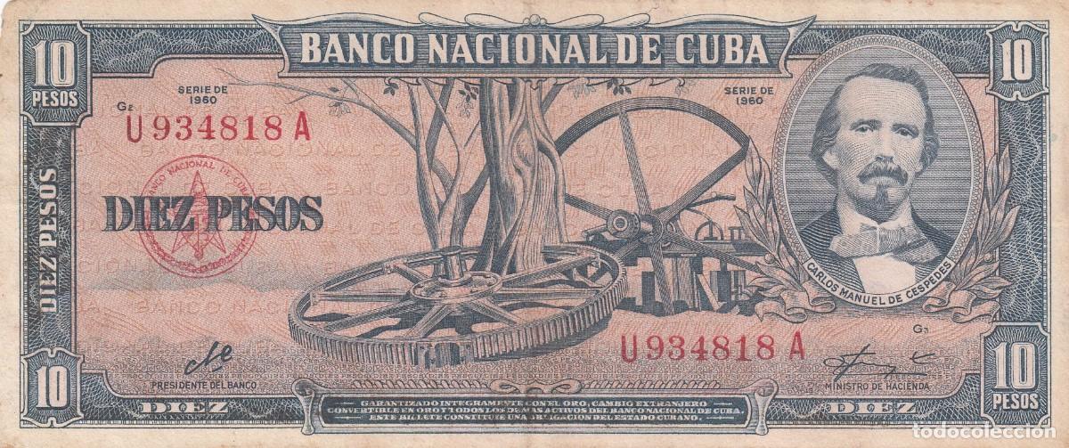 Billetes extranjeros: BANCO NACIONAL DE CUBA - Billete Diez pesos - Serie de 1960 - U 934818 A - MBC+