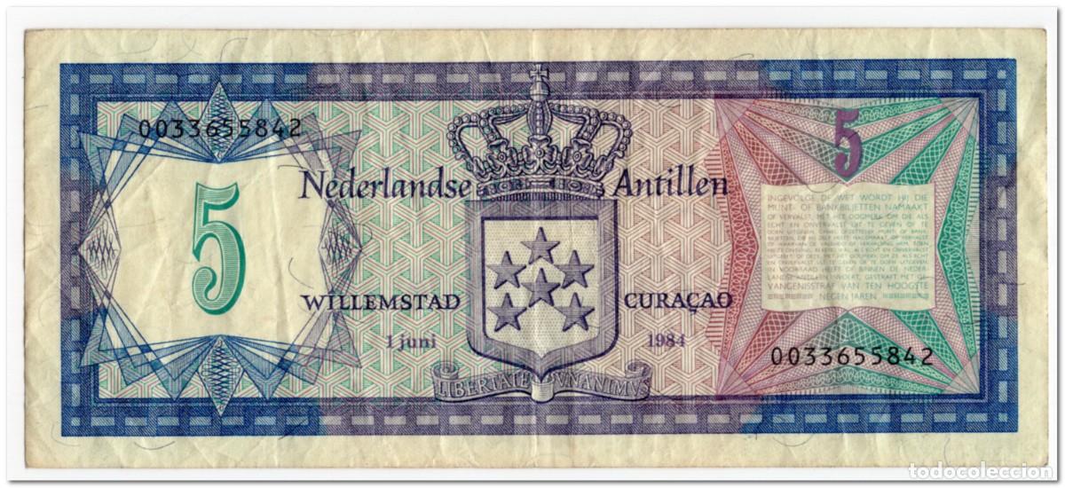 Billetes extranjeros: NETHERLANDS ANTILLES,5 GULDEN,1984,P.15b,F-VF