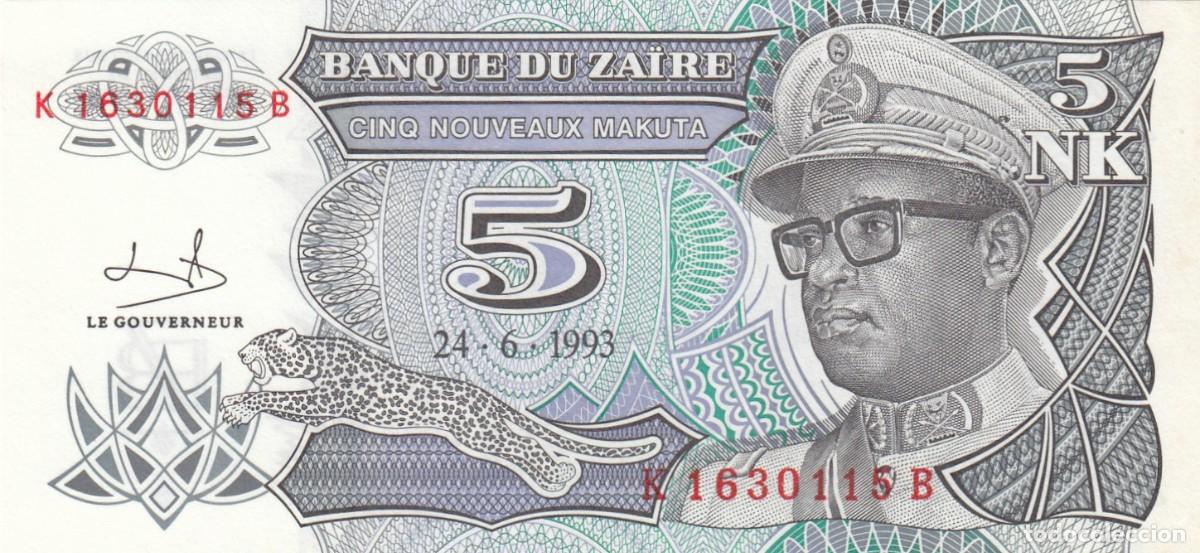 Notas Internacionais: BANQUE DU ZAIRE - Billete 5 NK - 24/6/1993 - Serie K 1630115 B - S/C Plancha -