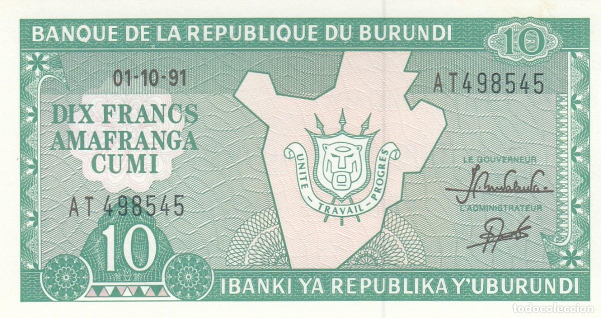 Internationale Banknoten: BANQUE DE LA REPUBLIQUE DU BURUNDI - Billete 10 Francs 1991 - Serie A T 498545 - S/S Plancha -