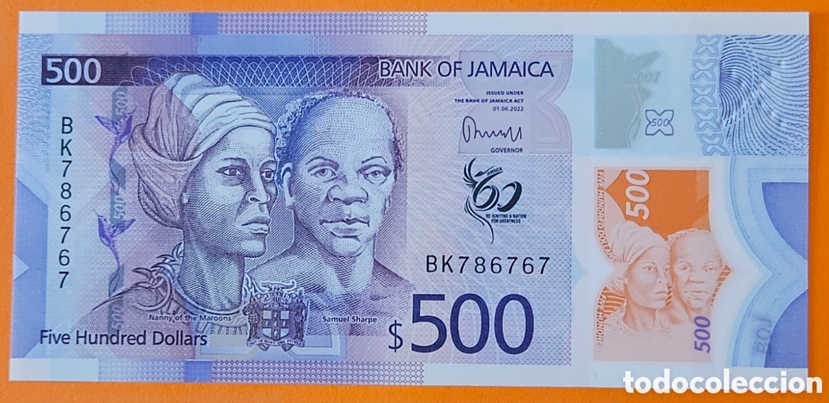 Billetes extranjeros: JAMAICA, 500 D&Oacute;LARES, 2022. SC.