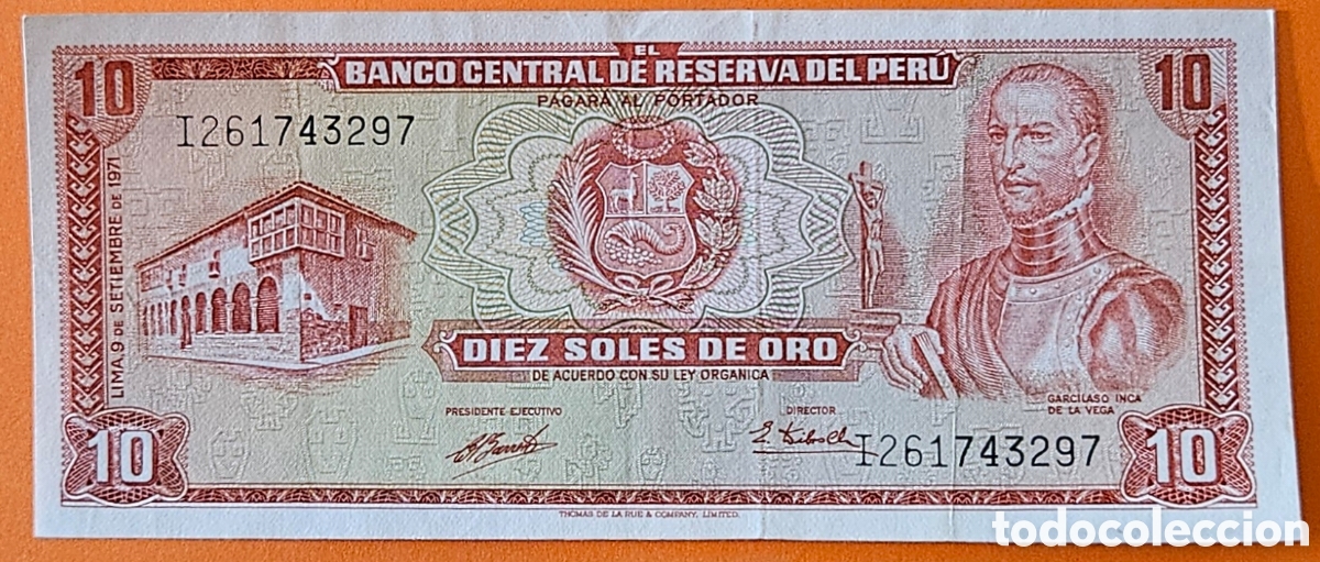 Billetes extranjeros: PER&Uacute;, 10 SOLES DE ORO, 1976.