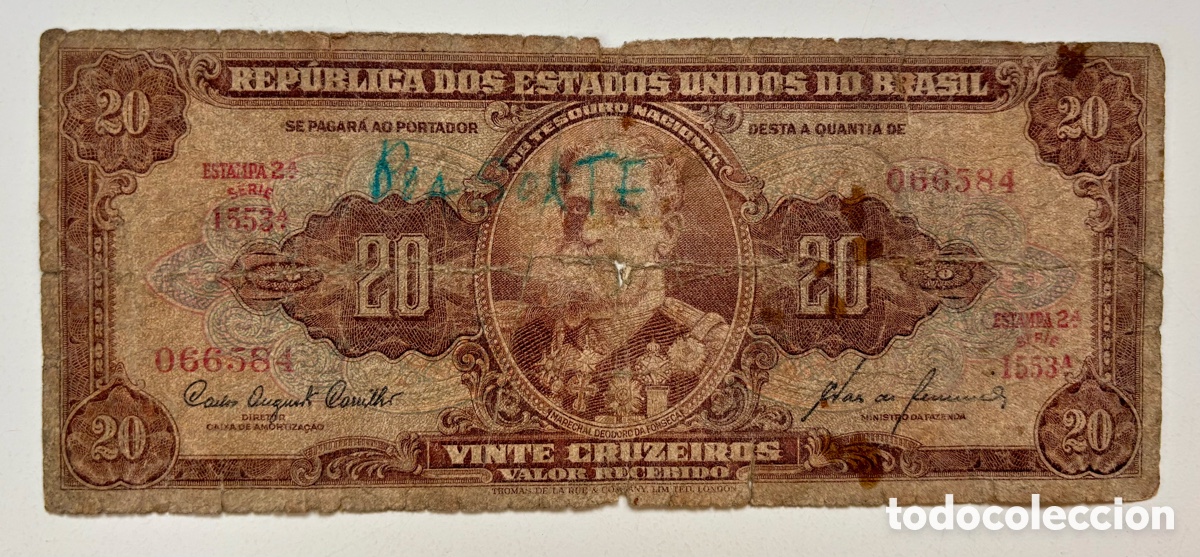 Billetes extranjeros: Billete BRASIL 20 Cruzeiros n/d. Da&ntilde;ado