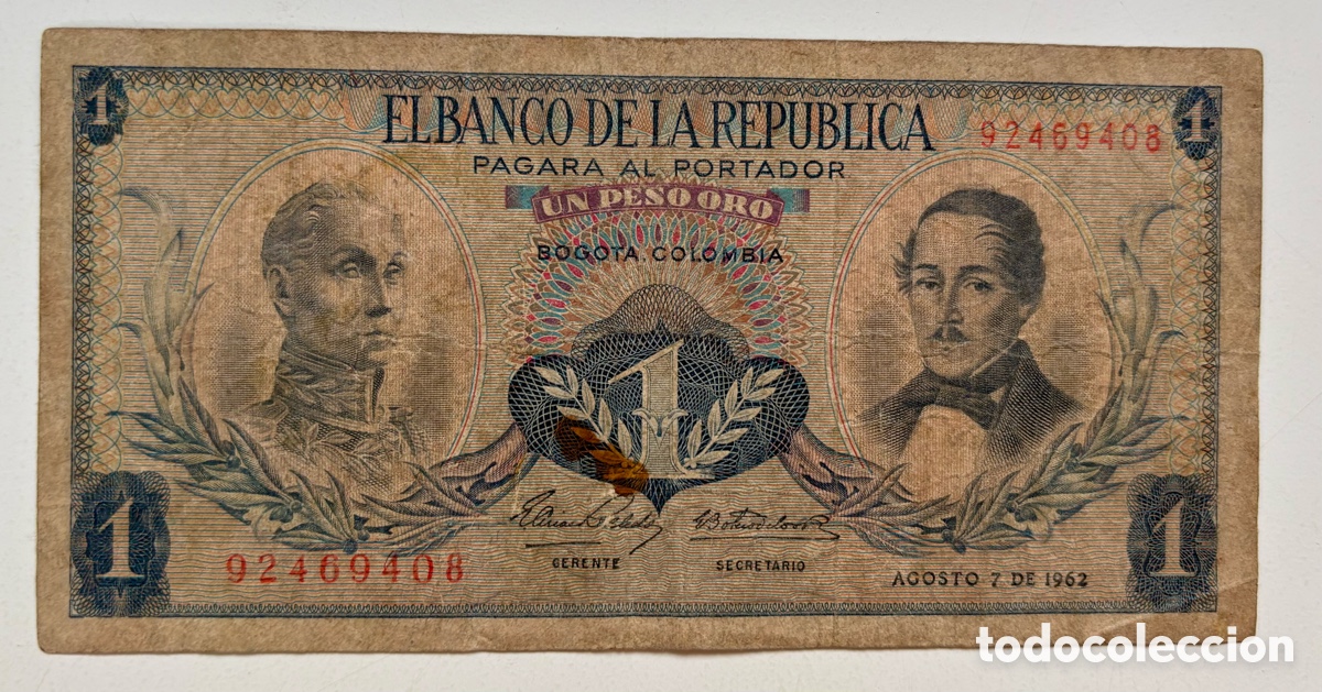 Billetes extranjeros: Billete COLOMBIA 1 Peso 1962