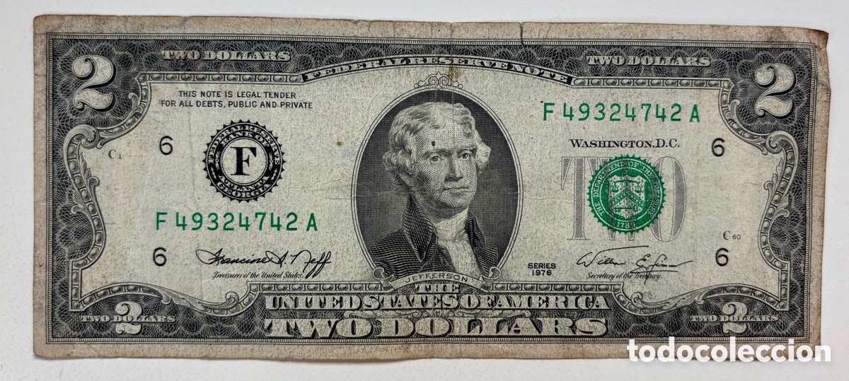Billetes extranjeros: Billete USA 2 D&oacute;lares 1976 F Atlanta Georgia. EEUU Estados Unidos