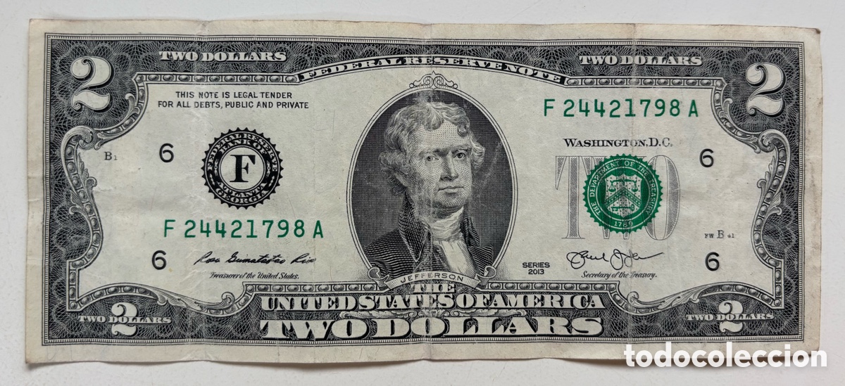 Billetes extranjeros: Billete USA 2 D&oacute;lares 2013 F Atlanta Georgia. EEUU Estados Unidos