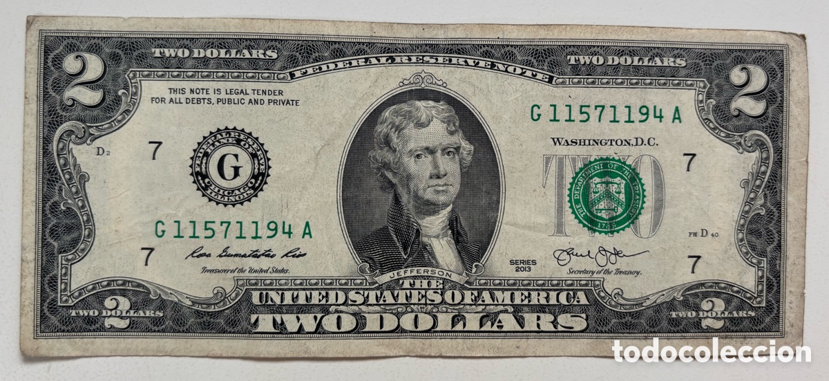 Billetes extranjeros: Billete USA 2 D&oacute;lares 2013 G Chicago Illinois EEUU Estados Unidos