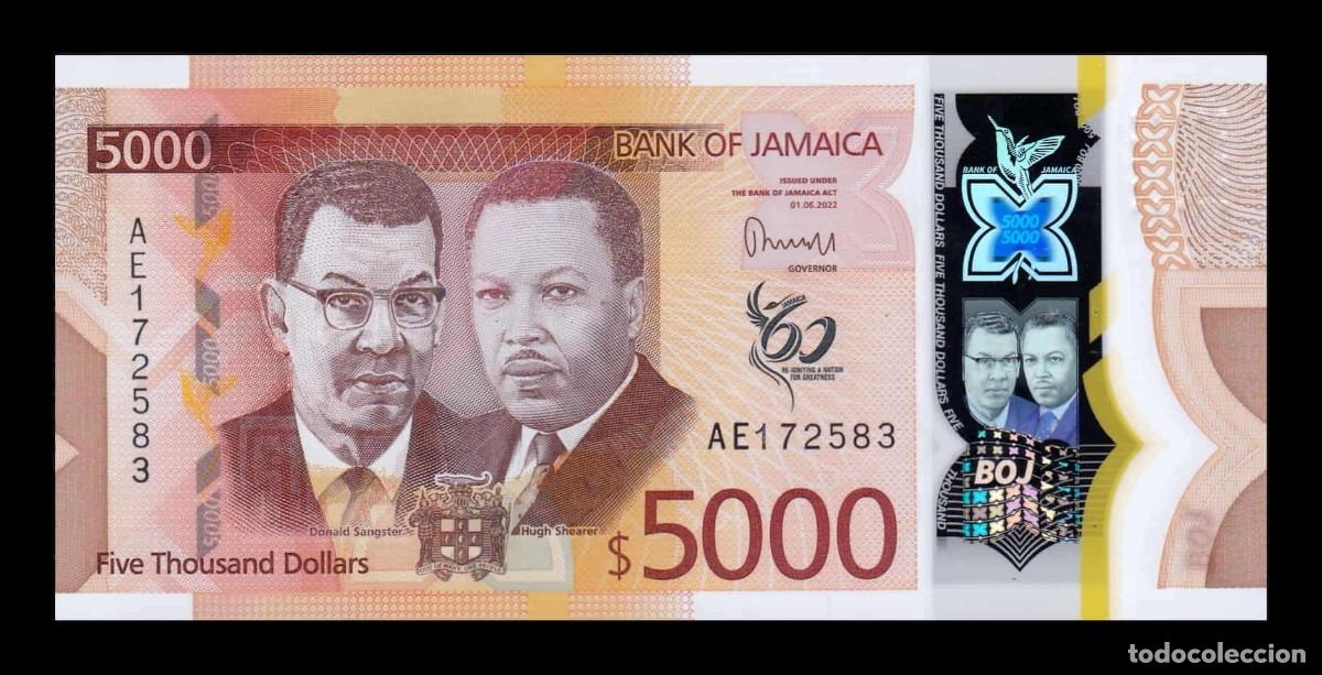Billetes extranjeros: Jamaica 5000 D&oacute;lares Conmemorativo 2022 Pick 101 Pol&iacute;mero Sc Unc