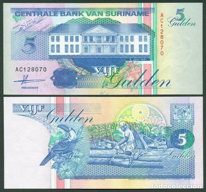 Billetes extranjeros: SURINAM (SURINAME). 5 gulden 1991. Pick 136 a. S/C.
