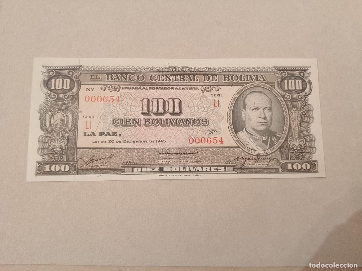 Billetes extranjeros: Billete Bolivia, 100 bolivianos, a&ntilde;o 1945, n&ordm; bajisimo 000654, UNC