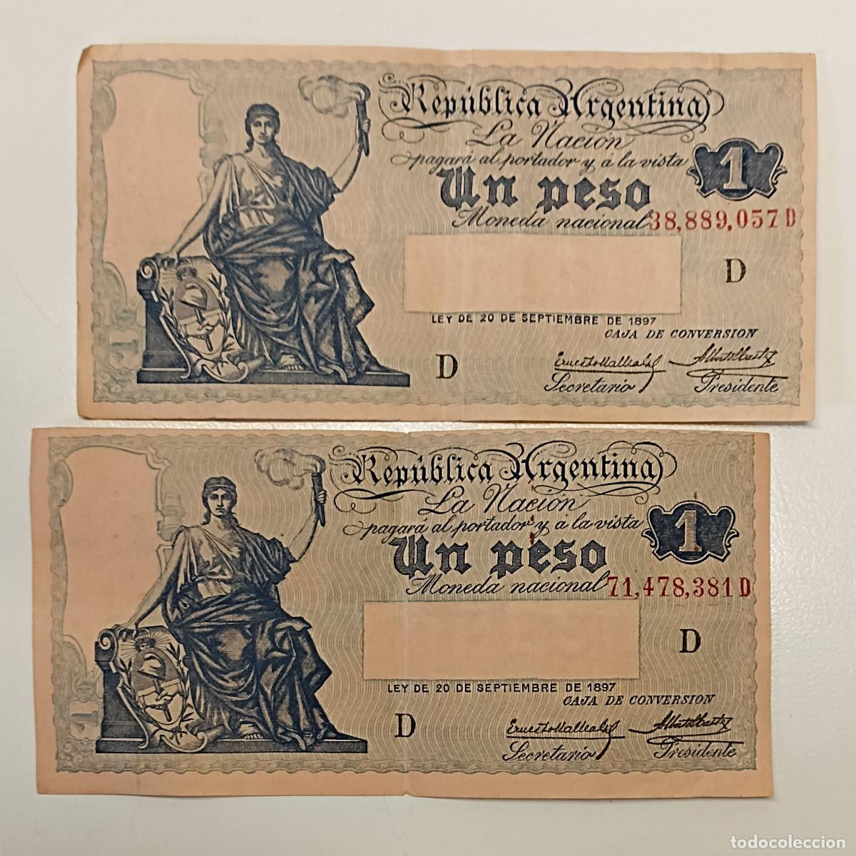 International Banknotes: &Omega; Rep&uacute;blica Argentina. Dos billetes de 1 peso, Ley 20 septiembre de 1897, serie D.