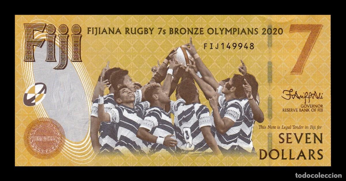 Billetes extranjeros: Fiji 7 D&oacute;lares Conmemorativo Rugby 2022 Pick 122b Serie FIJ Sc Unc