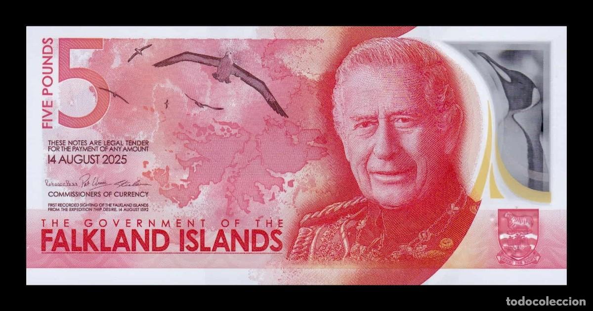 Billetes extranjeros: Islas Malvinas 5 Libras Carlos III 2025 Pick 20 Nuevo Pol&iacute;mero Sc Unc