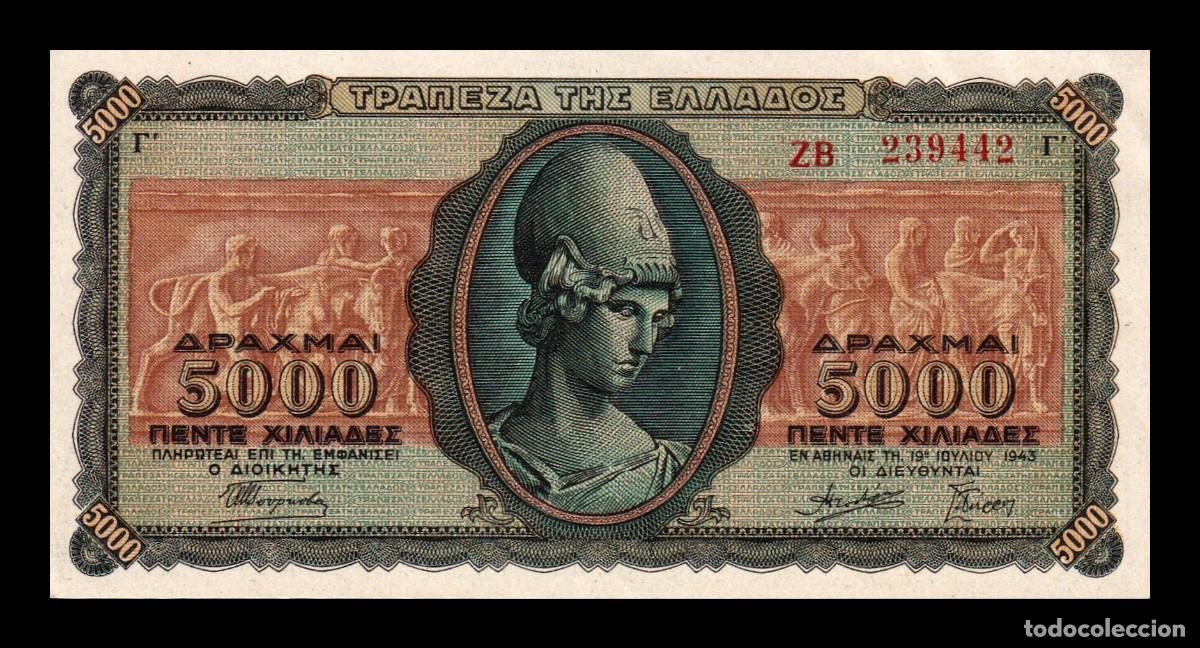 Billetes extranjeros: Grecia 5000 Dracmas 1943 Pick 122a Serie con prefijo Sc Unc