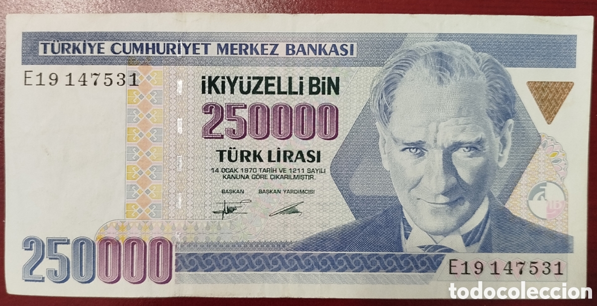 Billetes extranjeros: Turqu&iacute;a 250000 turk lirasi
