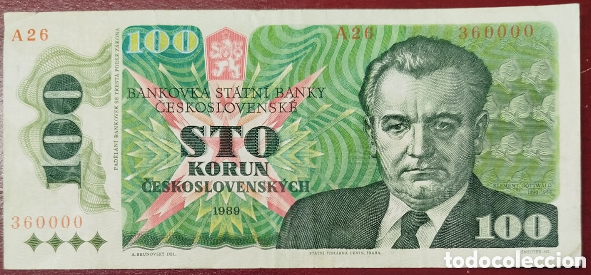 Billetes extranjeros: Checoslovaquia 100 kor&uacute;n coronas 1989 n&uacute;m 360000