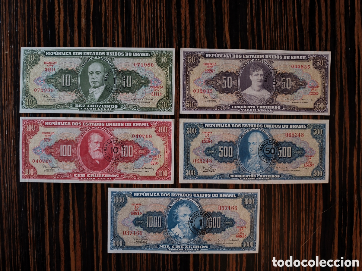 Billetes extranjeros: Lote 5 billetes resellados Brasil a&ntilde;os 60