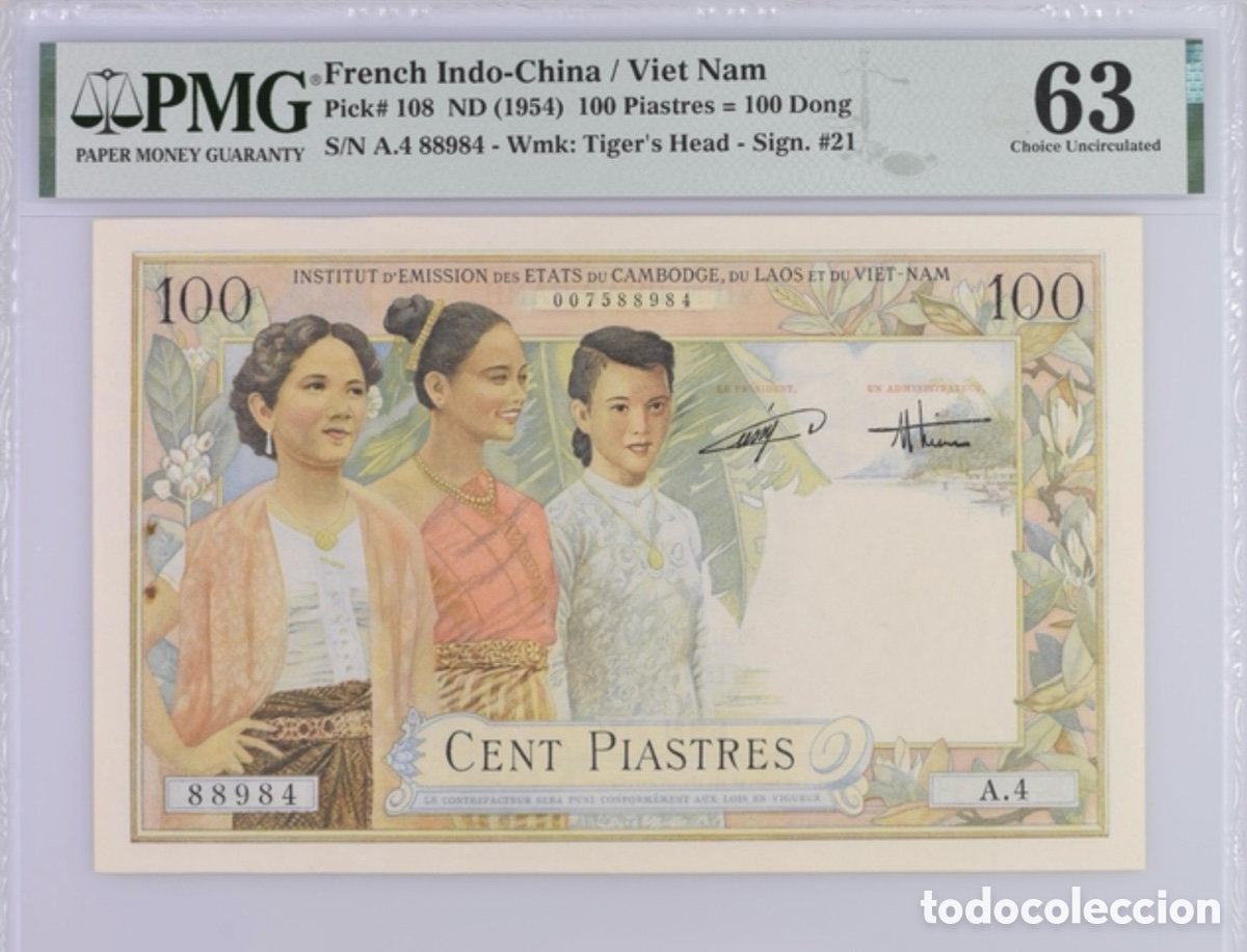 Billetes extranjeros: Banknote Indochina-Vietnan 100 piastres 1954 PMG 63 Pick 108