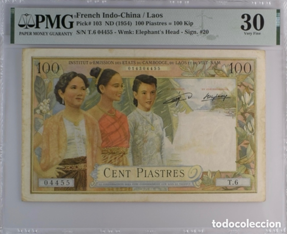 Billetes extranjeros: Billete Indochina-Laos 100 piastres 1954 PMG 30 Pick 103