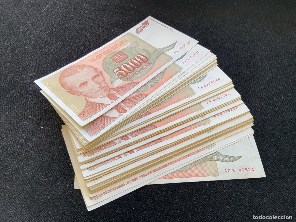 Billetes extranjeros: Lote de 100 billetes de 5000 dinars 1993, yugoslavia, Nikola Tesla, entre ebc- y ebc+.