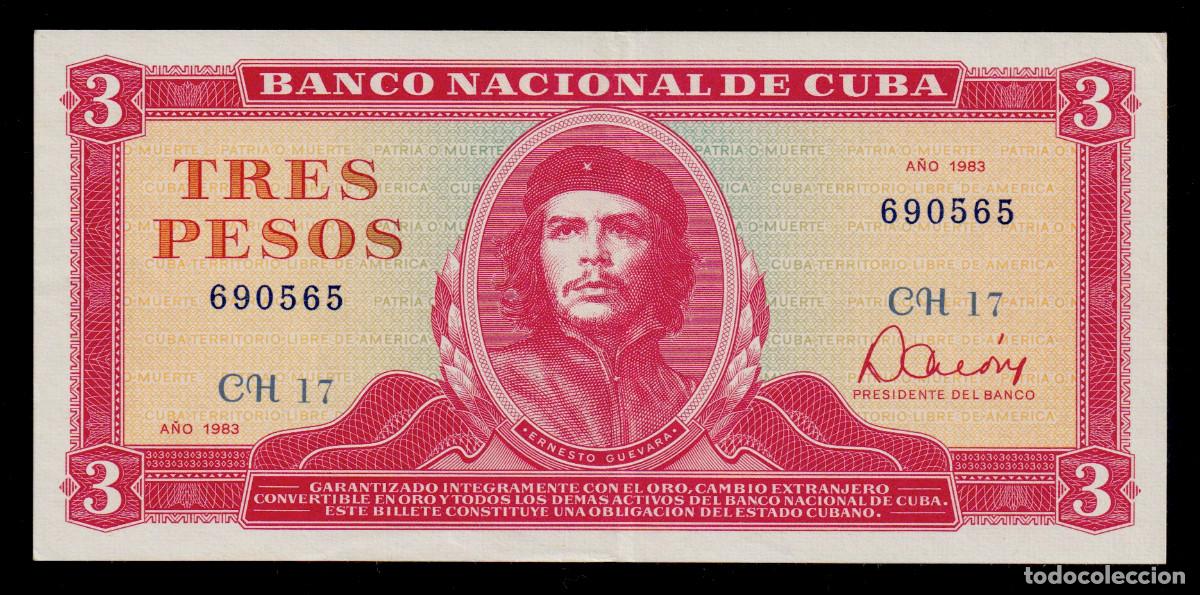 Billetes extranjeros: CUBA 3 PESOS 1983 XF/EBC- Pick.107a Serie 690565 Alfa CH-12 A&ntilde;o M&agrave;s Dificil de la Serie.