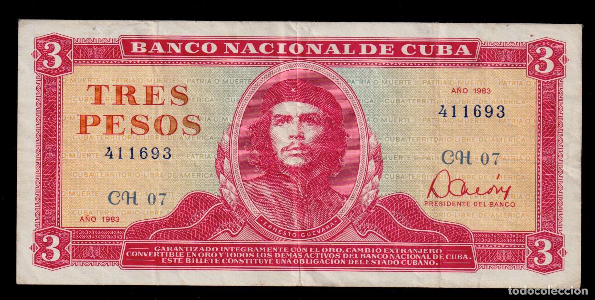 Billetes extranjeros: CUBA 3 PESOS 1983 VF/MBC Pick.107a Serie 411693 Alfa CH-07 A&ntilde;o M&agrave;s Dificil de la Serie.