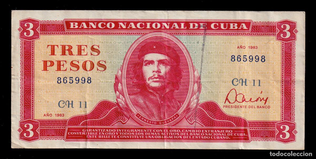 Billetes extranjeros: CUBA 3 PESOS 1983 F/MBC Pick.107a Serie 865998 Alfa CH-11 A&ntilde;o M&agrave;s Dificl de la Serie.
