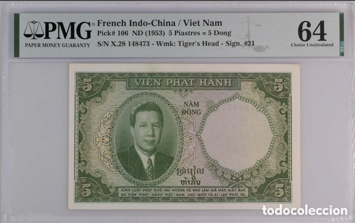 Billetes extranjeros: Billete Indochina-Vietnam 5 piastres PMG 64 pick 106