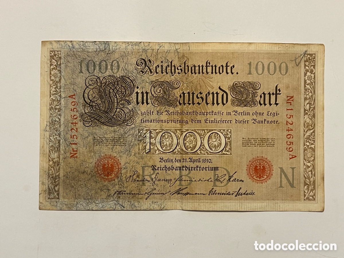 Banconote internazionali: Alemania 1000 marcos 1910 Berl&iacute;n Abril de 1910 Reichsbanknote Serie Nr