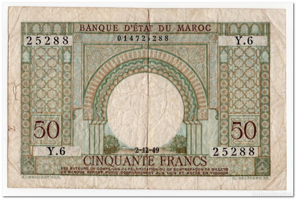 Billetes extranjeros: MOROCCO,50 FRANCS,1949,P.44,aF