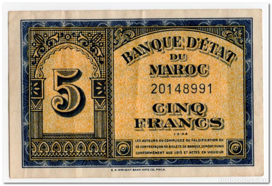 Billetes extranjeros: MOROCCO,5 FRANCS,1944,P.24,VF+