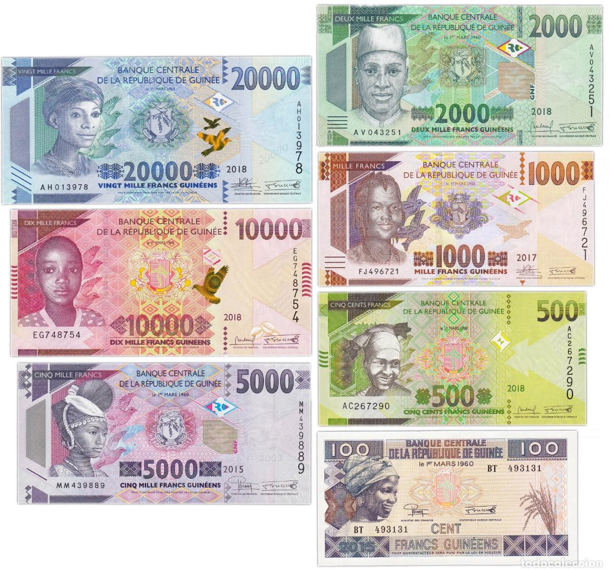 Billetes extranjeros: GUINEA - serie 7 billetes - 100, 500,500,1000, 2000, 5000, 20000 francos