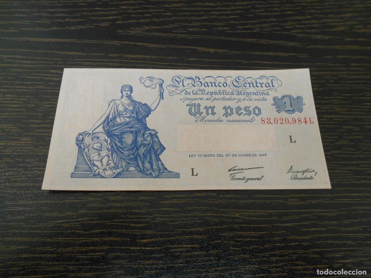 Billetes extranjeros: ARGENTINA-BILLETE PICK 257-1 PESO-LEY 12.962 DEL 27 MARZO 1947-SERIE L-EBC+