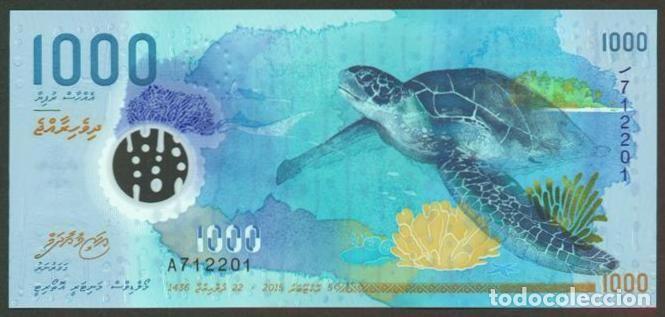 Billetes extranjeros: MALDIVAS. 1000 rufiyaa 2015. S/C. Pick 31. Polimero, acuarelas, fauna, tiburon, tortuga.