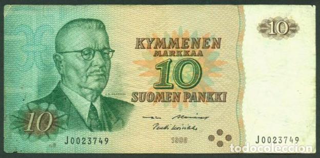 Billetes extranjeros: FINLANDIA. 10 markkaa 1980. Sin Litt.. Pick 111. Variante de firmas.