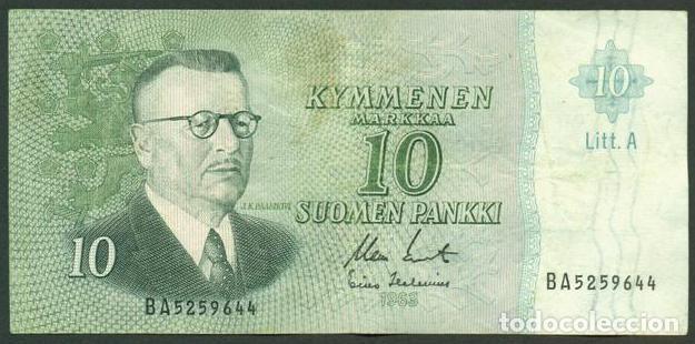 Billetes extranjeros: FINLANDIA. 10 markkaa 1963. Litt. A. Pick 104. Variante de firmas.