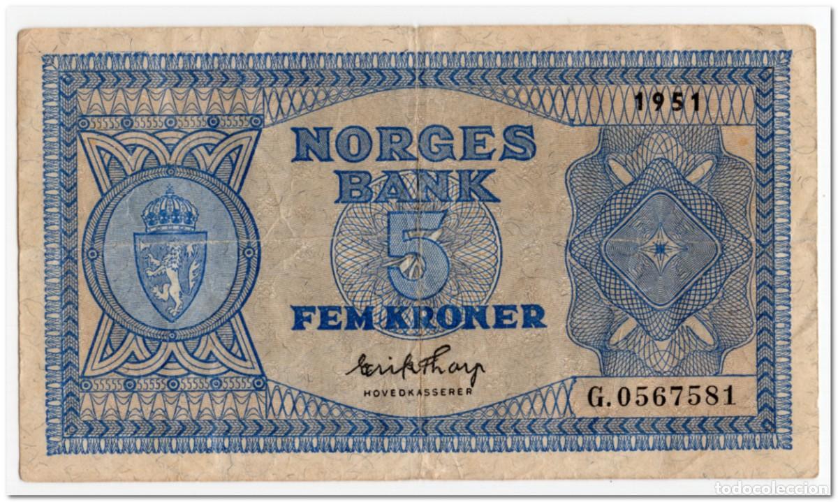 Billetes extranjeros: NORWAY,5 KRONOR,1951,P.25c,FINE