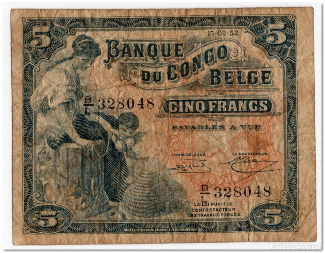 Billetes extranjeros: BELGIAN CONGO,5 FRANCS,1952,P.21,CIRCULATED