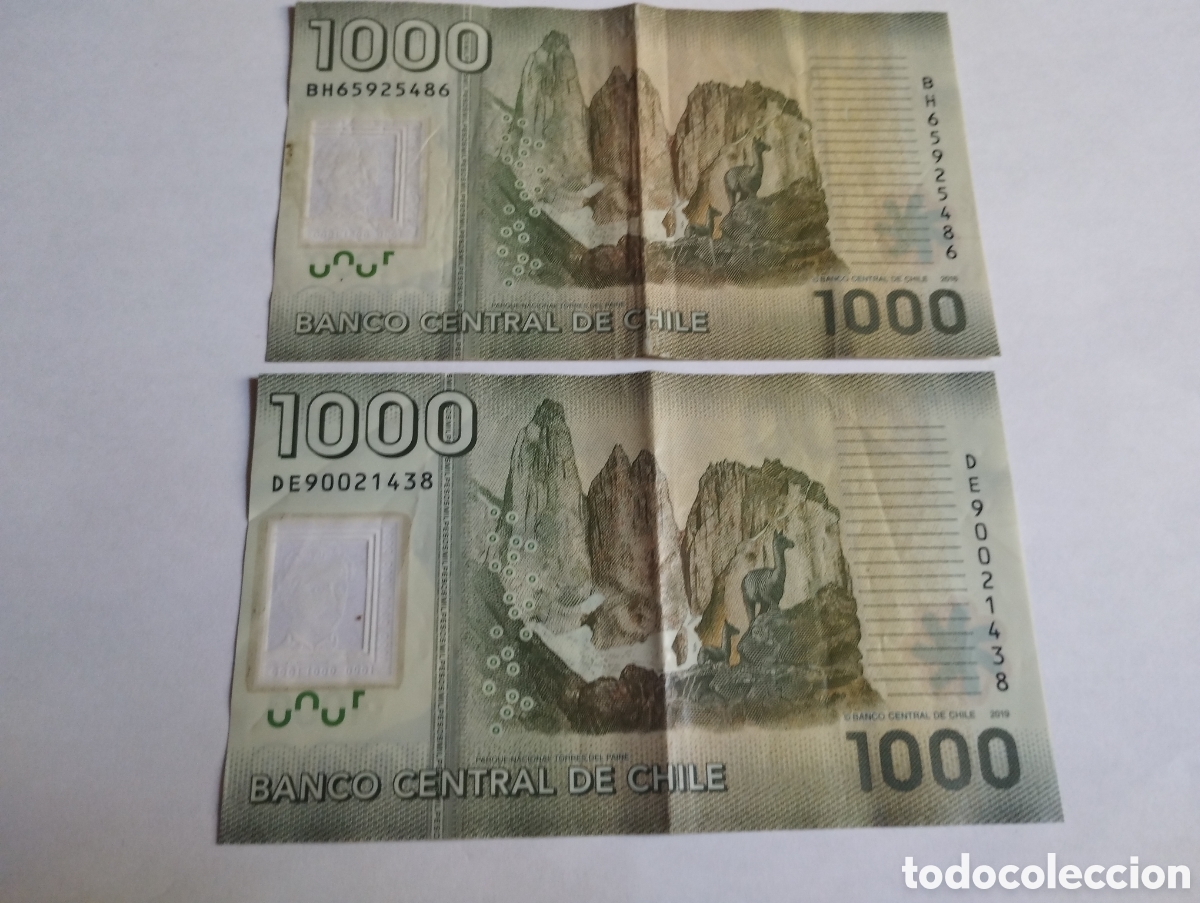 Billetes extranjeros: Lote de 2 billetes de 1000 pesos de Chile - Foto 2