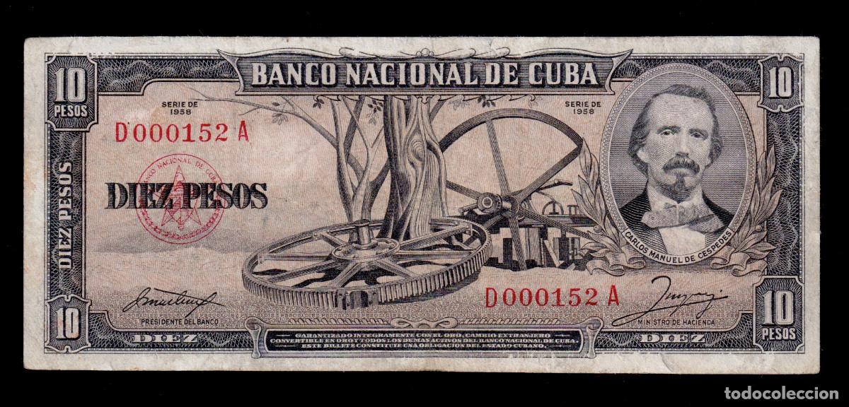 Billetes extranjeros: CUBA 10 PESOS 1958 F/MBC Pick.88b Serie D000152A Serie Baja