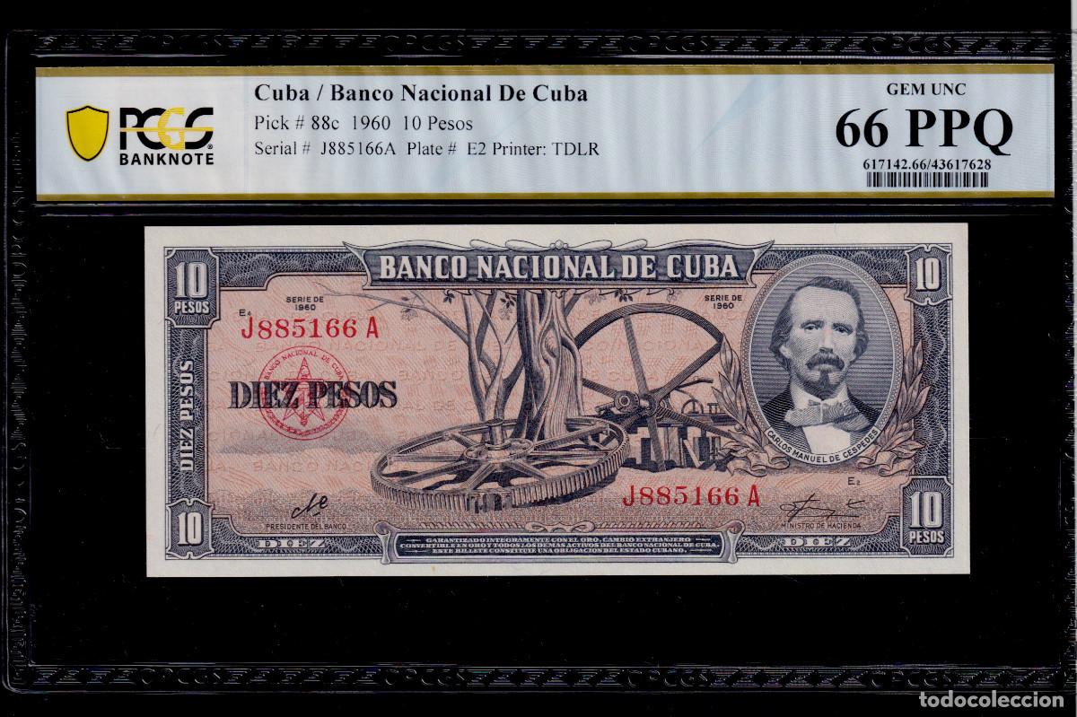 Billetes extranjeros: CUBA 10 PESOS 1960 UNC/SC Pick.88c Serie J885166A CERTIFICADO POR PCGS EN ALTO GRADO 66 CHE GUEVARA