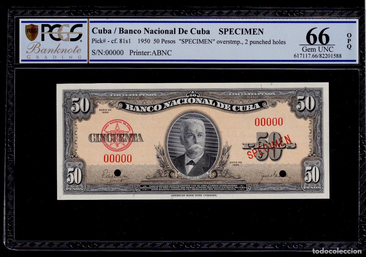 Billetes extranjeros: CUBA 50 PESOS 1950 UNC/SC Pick.81s1 Serie 00000 SPECIMEN CERTIFICADO POR PCGS EN ALTO GRADO 66