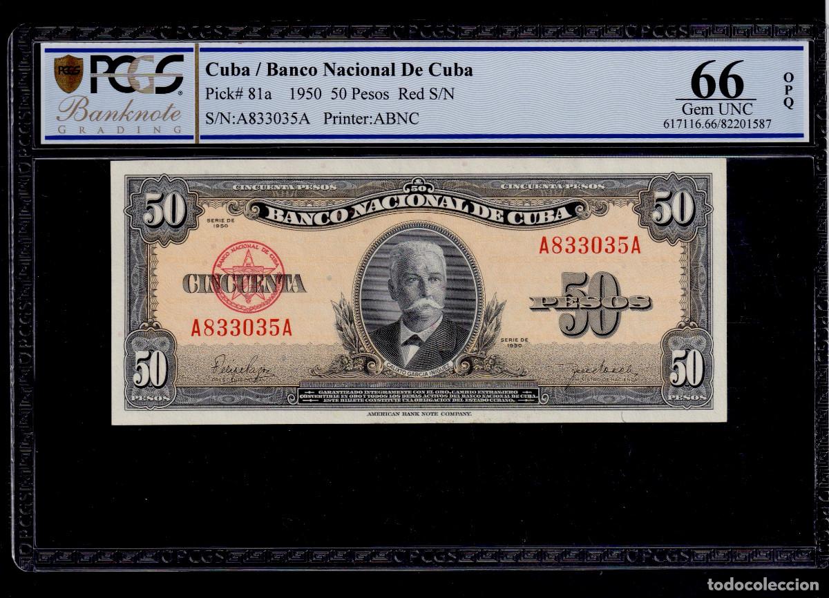 Billetes extranjeros: CUBA 50 PESOS 1950 UNC/SC Pick.81a Serie A833035A CERTIFICADO POR PCGS EN ALTO GRADO 66