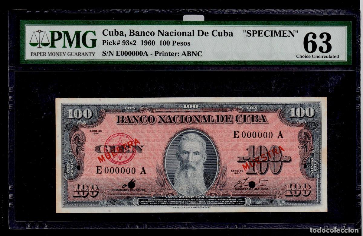 Billetes extranjeros: CUBA 100 PESOS 1959 UNC/SC Pick.93as2 Serie E000000A MUESTRA Certificado PMG GRADO 63 CHE GUEVARA