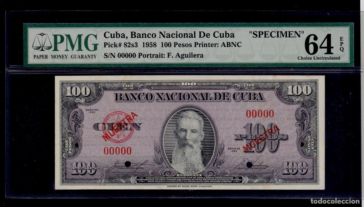 Billetes extranjeros: CUBA 100 PESOS 1958 UNC/SC Pick.93cs2 Serie 00000 MUESTRA CERTIFICADO PMG GRADO 64