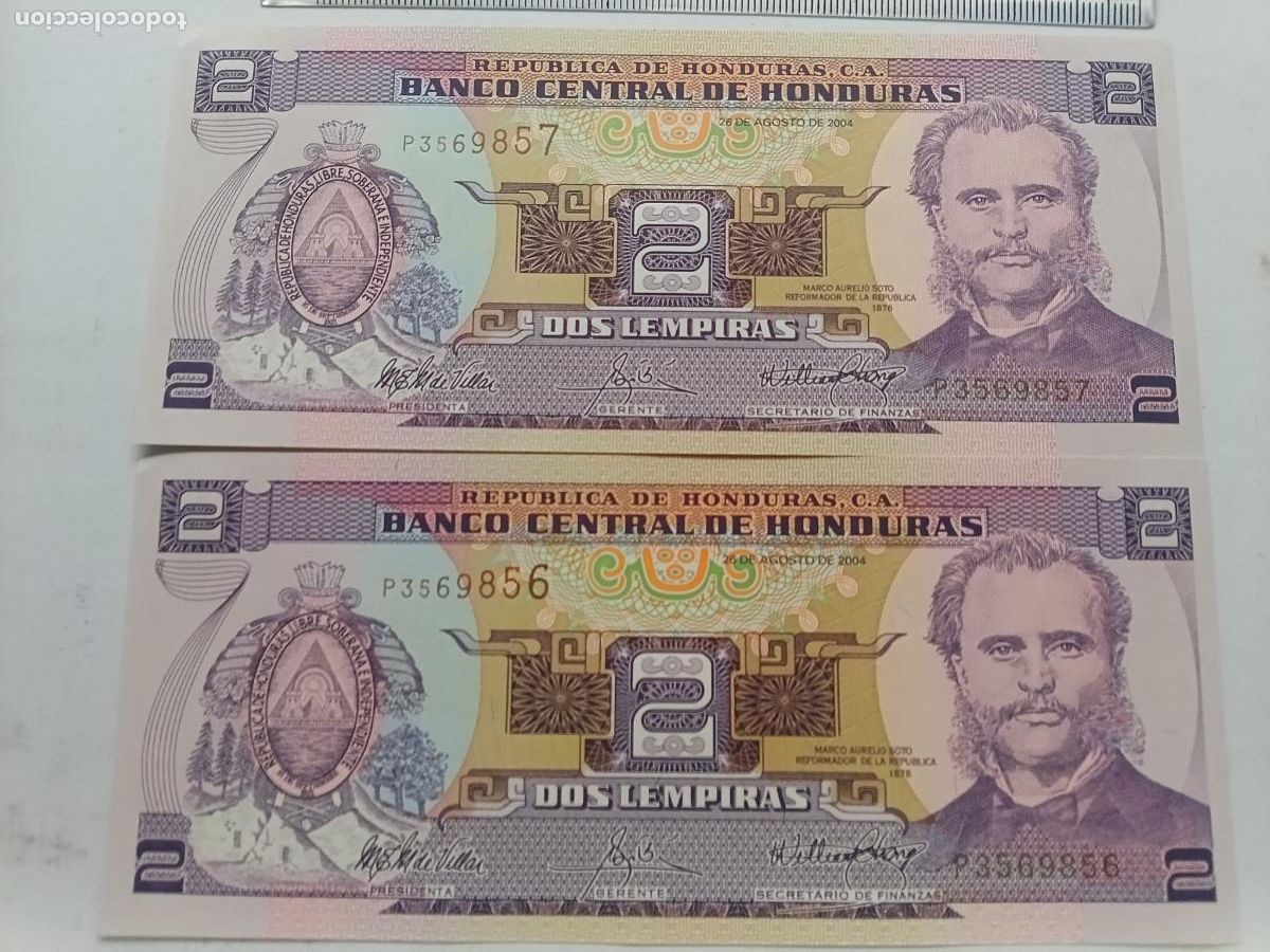 Billetes extranjeros: HONDURAS 2 Lempiras 2004 SC, PAREJA DE CORRELATIVOS